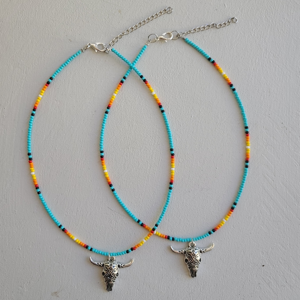 Turquoise beaded longhorn charm western handmade choker necklace